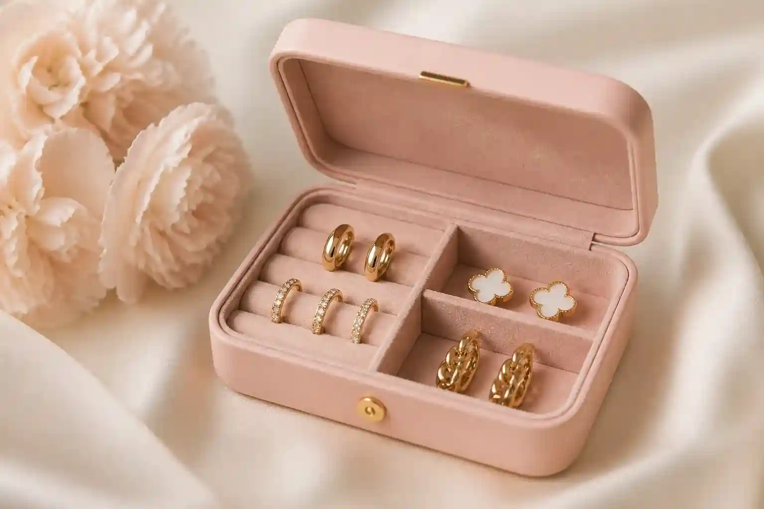Rangement soigné de bijoux dorés dans un écrin